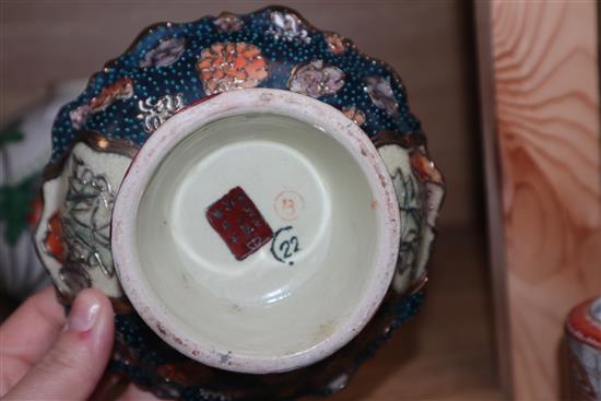 A 19th century Chinese famille verte jar, a shou medallion pot, a damaged teapot and a pedestal dish